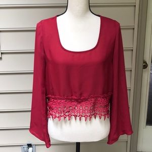 UO Tobi Lace Trim Crop Top Flair Sleeve Red